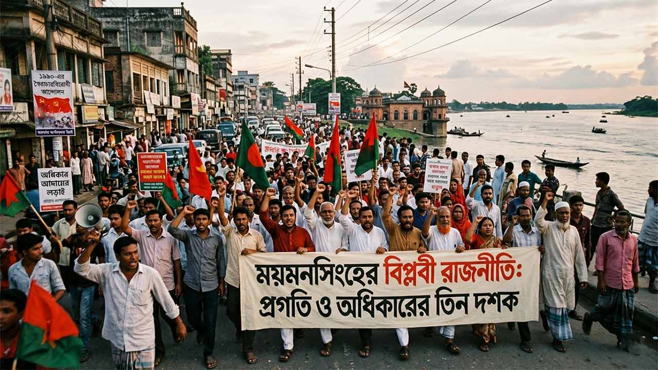 ব্রহ্মপুত্র নদের তীরে ময়মনসিংহের রাজনৈতিক মিছিল ও প্রগতিশীল আন্দোলনের একটি ঐতিহাসিক দৃশ্য।