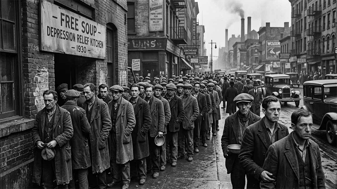 ১৯৩০-এর দশকের গ্রেট ডিপ্রেশন বা মহামন্দার সময় বিনামূল্যে খাবারের জন্য লাইনে দাঁড়ানো বেকার ও ক্ষুধার্ত মানুষের ভিড়।