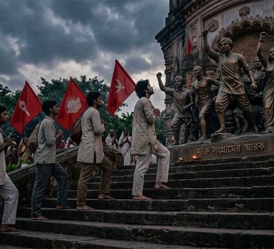 একটি ঐতিহাসিক স্বাধীনতা সংগ্রামের ভাস্কর্যের সামনে একদল তরুণের লাল পতাকা নিয়ে এগিয়ে যাওয়ার দৃশ্য, যা মুক্তির মন্দির সোপান তলে গানের বিপ্লবী চেতনা প্রকাশ করে।