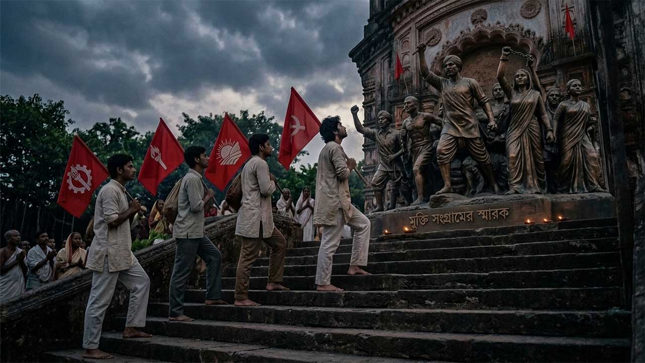 একটি ঐতিহাসিক স্বাধীনতা সংগ্রামের ভাস্কর্যের সামনে একদল তরুণের লাল পতাকা নিয়ে এগিয়ে যাওয়ার দৃশ্য, যা মুক্তির মন্দির সোপান তলে গানের বিপ্লবী চেতনা প্রকাশ করে।