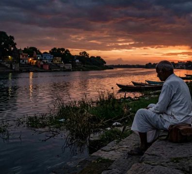 শিপ্রা নদীর তীরে গোধূলি বেলায় একাকী বিষণ্ণ মুহূর্তের দৃশ্য - অখিলবন্ধু ঘোষের বিরহী গানের প্রেক্ষাপট।
