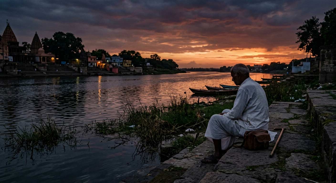 শিপ্রা নদীর তীরে গোধূলি বেলায় একাকী বিষণ্ণ মুহূর্তের দৃশ্য - অখিলবন্ধু ঘোষের বিরহী গানের প্রেক্ষাপট।