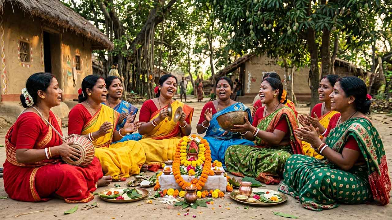 গ্রামীণ বাংলার ঐতিহ্যবাহী পরিবেশে একদল নারীর সমবেত হয়ে সহেলা গীত ও লোকসংগীত পরিবেশনের দৃশ্য।