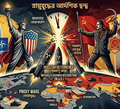 স্নায়ুযুদ্ধের আদর্শিক দ্বন্দ্ব, ক্ষমতার মেরুকরণ, পরমাণু অস্ত্র প্রতিযোগিতা এবং বিশ্বব্যাপী ছায়াযুদ্ধের (Proxy War) একটি সচিত্র চিত্রায়ন।