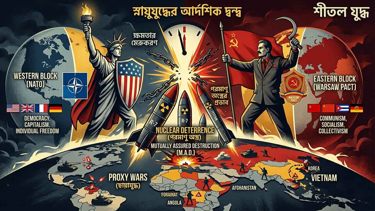 স্নায়ুযুদ্ধের আদর্শিক দ্বন্দ্ব, ক্ষমতার মেরুকরণ, পরমাণু অস্ত্র প্রতিযোগিতা এবং বিশ্বব্যাপী ছায়াযুদ্ধের (Proxy War) একটি সচিত্র চিত্রায়ন।