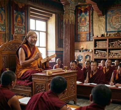 Atish Dipankar teaching Buddhist philosophy to disciples in a Tibetan monastery