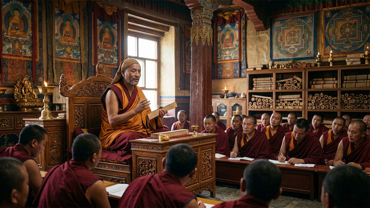 Atish Dipankar teaching Buddhist philosophy to disciples in a Tibetan monastery