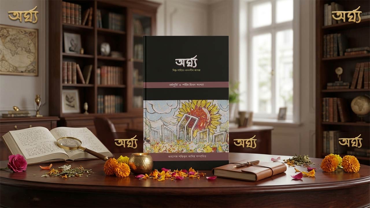 অর্ঘ্য শিল্প-সাহিত্য-মননশীল কাগজ পত্রিকার প্রচ্ছদ সংবলিত একটি থ্রিডি বুক মকআপ, যা একটি লাইব্রেরির টেবিলে ডায়েরি ও ফুলের সাথে সাজানো।