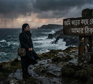 ঝোড়ো সমুদ্রের তীরে বিষণ্ণ এক নারী এবং একটি কাষ্ঠফলকে খোদাই করা সলিল চৌধুরীর জনপ্রিয় গান 'আমি ঝড়ের কাছে রেখে গেলাম আমার ঠিকানা' এর অমর পঙক্তি।