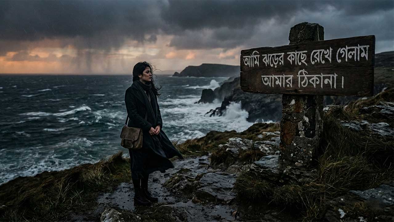 ঝোড়ো সমুদ্রের তীরে বিষণ্ণ এক নারী এবং একটি কাষ্ঠফলকে খোদাই করা সলিল চৌধুরীর জনপ্রিয় গান 'আমি ঝড়ের কাছে রেখে গেলাম আমার ঠিকানা' এর অমর পঙক্তি।
