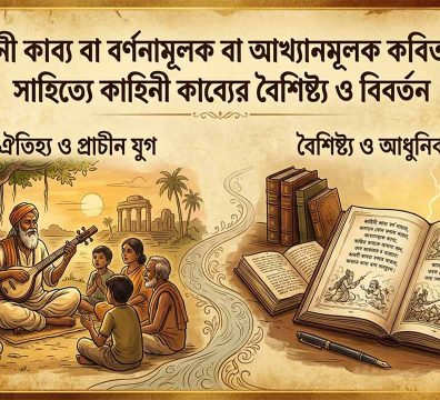কাহিনী কাব্য বা আখ্যানমূলক কবিতার বিবর্তন চিত্র: প্রাচীন মৌখিক ঐতিহ্য থেকে আধুনিক মুদ্রণ ও লিখন পদ্ধতির শৈল্পিক উপস্থাপন।