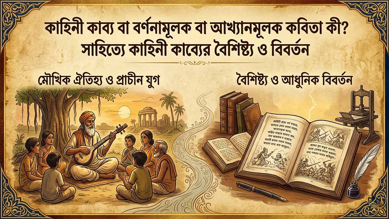 কাহিনী কাব্য বা আখ্যানমূলক কবিতার বিবর্তন চিত্র: প্রাচীন মৌখিক ঐতিহ্য থেকে আধুনিক মুদ্রণ ও লিখন পদ্ধতির শৈল্পিক উপস্থাপন।
