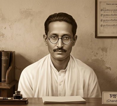 লোকসাহিত্য সংগ্রাহক চন্দ্রকুমার দে-র প্রতিকৃতি এবং মৈমনসিংহ গীতিকার পটভূমি।