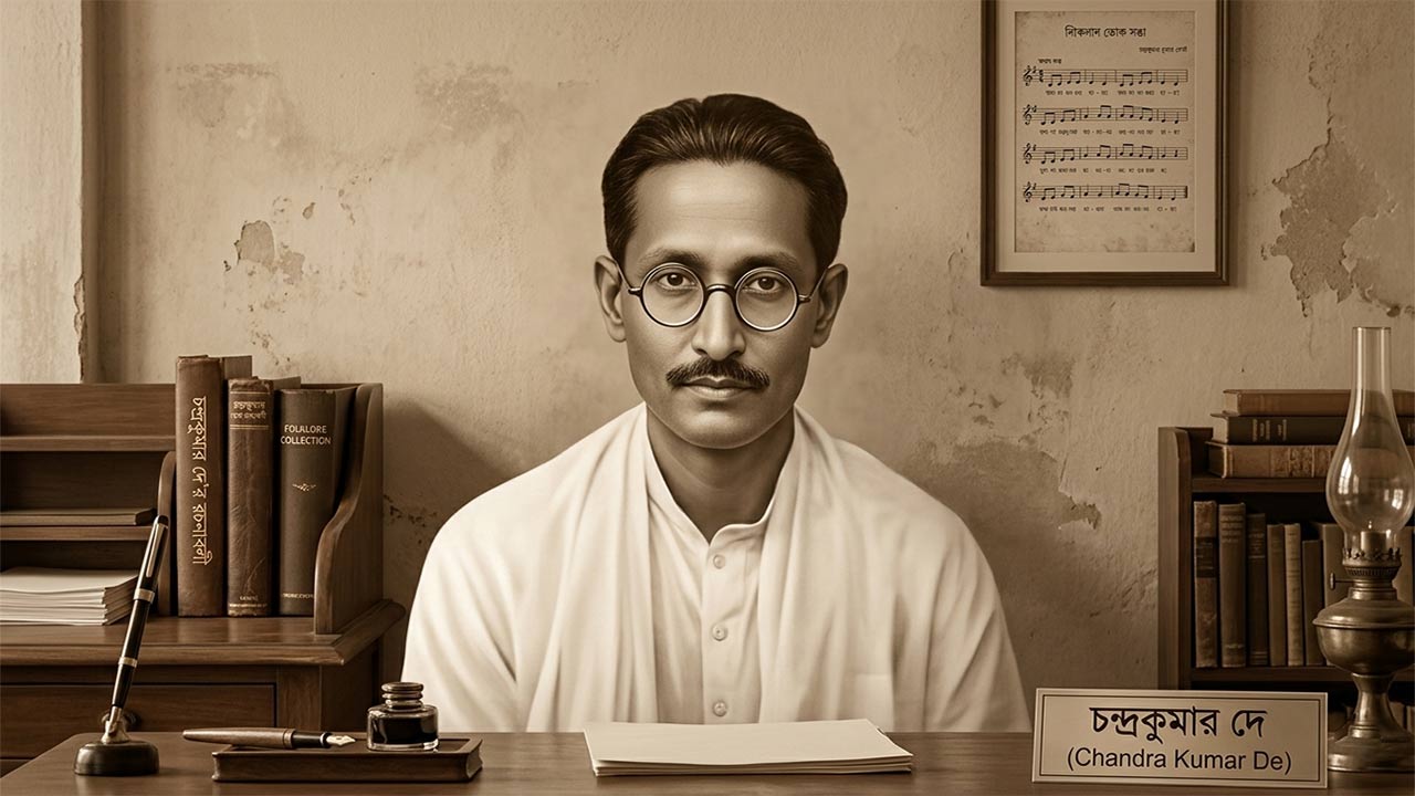 লোকসাহিত্য সংগ্রাহক চন্দ্রকুমার দে-র প্রতিকৃতি এবং মৈমনসিংহ গীতিকার পটভূমি।