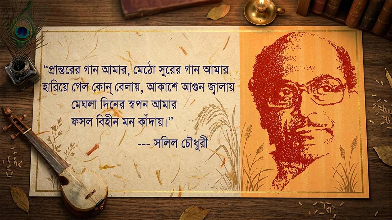 প্রান্তরের ও গান আমার লিরিক্স এবং সলিল চৌধুরীর ছবি সম্বলিত ব্যানার