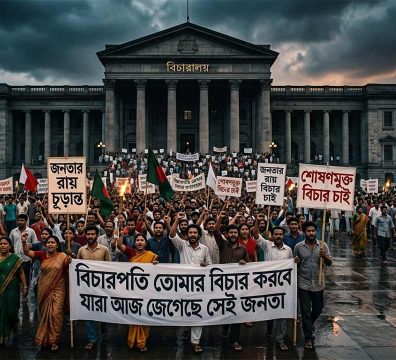 প্রতিবাদী জনতার মিছিলে সলিল চৌধুরীর 'বিচারপতি তোমার বিচার করবে যারা' গানের ব্যানার হাতে অধিকার আদায়ের সংগ্রামের একটি প্রতীকী চিত্র।