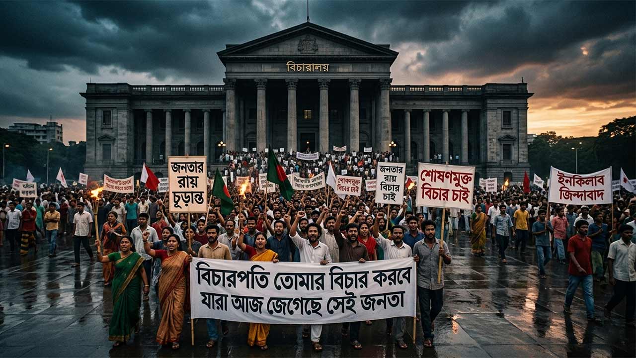 প্রতিবাদী জনতার মিছিলে সলিল চৌধুরীর 'বিচারপতি তোমার বিচার করবে যারা' গানের ব্যানার হাতে অধিকার আদায়ের সংগ্রামের একটি প্রতীকী চিত্র।