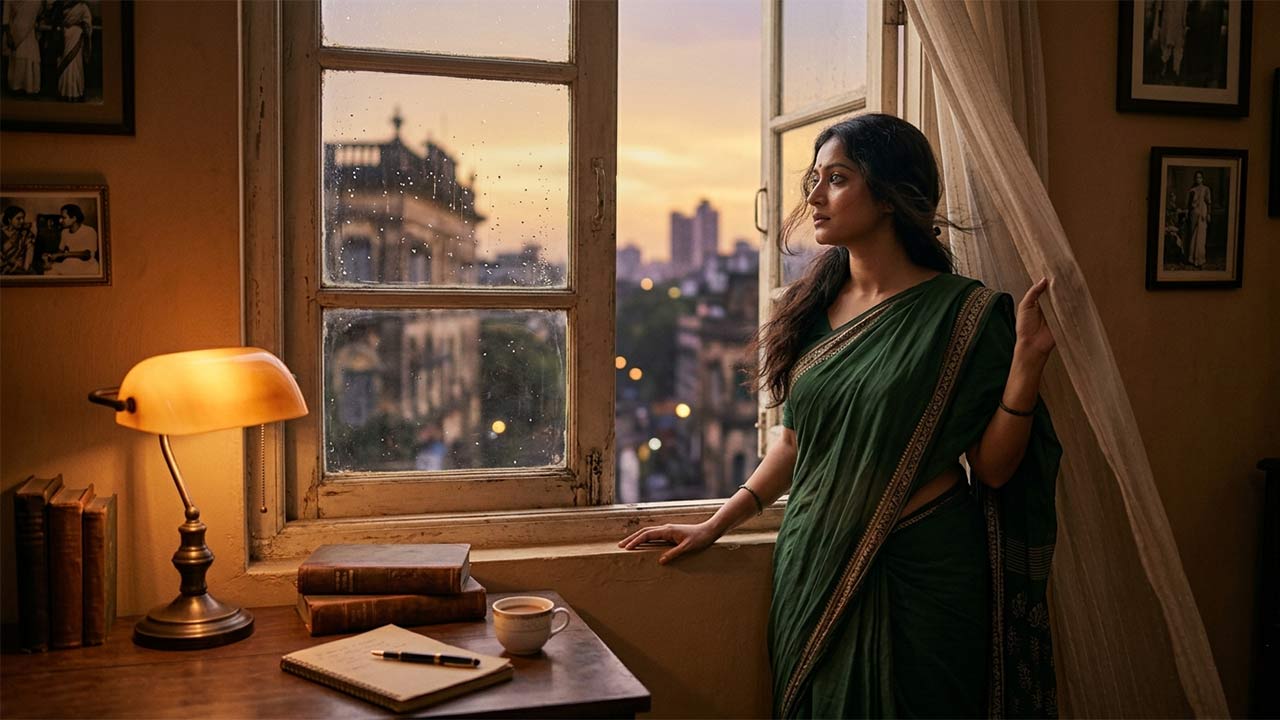 একটি অন্ধকার ঘরের জানালার পাশে বিষণ্ন মনে দাঁড়িয়ে থাকা শাড়ি পরা এক নারী, যার দৃষ্টি সুদূরে নিবদ্ধ। টেবিলের ওপর রাখা পুরোনো ল্যাম্প, ডায়েরি এবং এক কাপ চা যা সলিল চৌধুরীর 'মনের জানালা' গানের বিরহী আবহ প্রকাশ করছে।