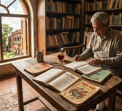 ময়মনসিংহের লিটল ম্যাগাজিন এবং সাহিত্য চর্চার ঐতিহ্যবাহী পরিবেশ ফুটিয়ে তোলা একটি শৈল্পিক দৃশ্য।