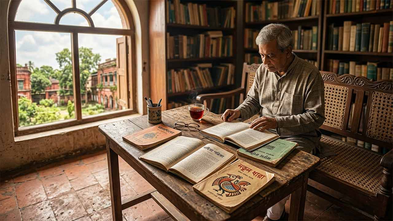 ময়মনসিংহের লিটল ম্যাগাজিন এবং সাহিত্য চর্চার ঐতিহ্যবাহী পরিবেশ ফুটিয়ে তোলা একটি শৈল্পিক দৃশ্য।