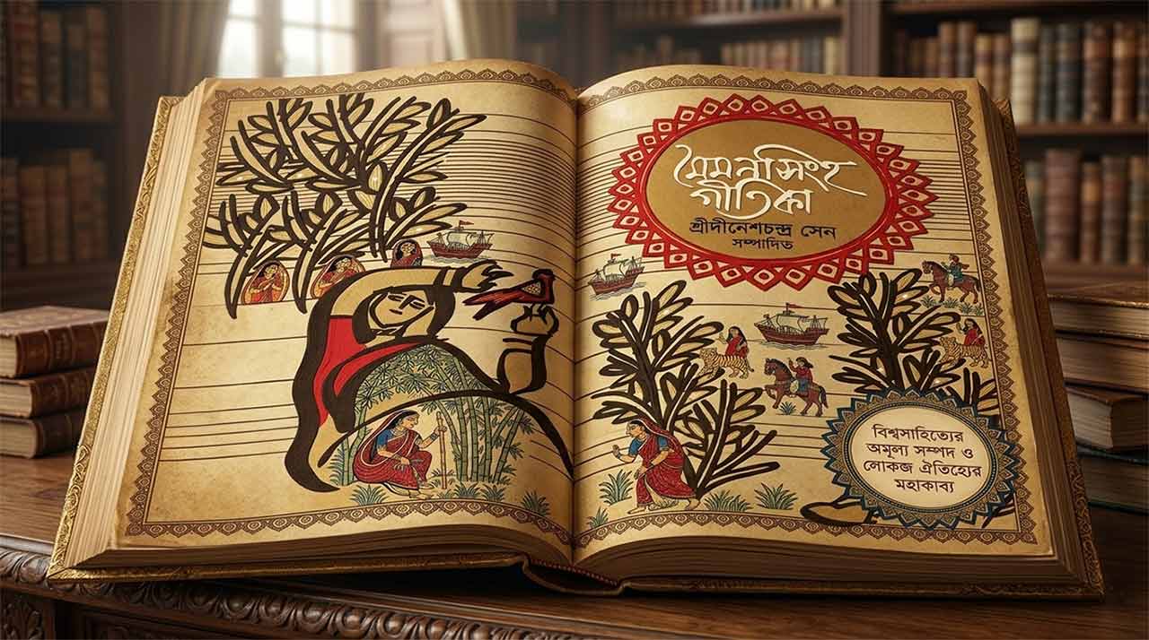 মৈমনসিংহ গীতিকার প্রচ্ছদ এবং বাংলার লোকজ ঐতিহ্যের নান্দনিক চিত্রায়ন।