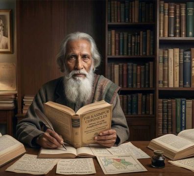 লোকসাহিত্য সংগ্রাহক ও গবেষক মোহাম্মদ সিরাজুদ্দীন কাসিমপুরীর প্রতিকৃতি এবং গ্রামীণ লোকজ আবহের ডিজিটাল ইলাস্ট্রেশন।