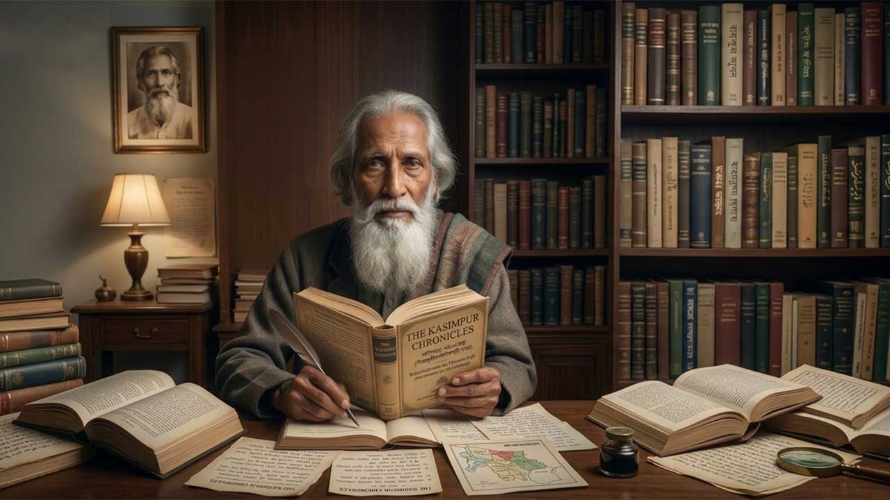 লোকসাহিত্য সংগ্রাহক ও গবেষক মোহাম্মদ সিরাজুদ্দীন কাসিমপুরীর প্রতিকৃতি এবং গ্রামীণ লোকজ আবহের ডিজিটাল ইলাস্ট্রেশন।