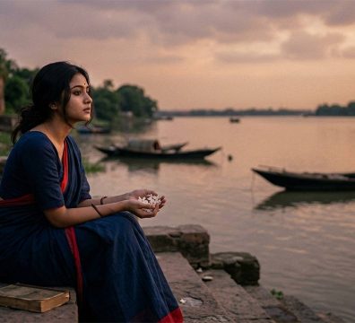 নদীর ঘাটে বিষণ্ণ মনে বসে থাকা এক তরুণী, হাতে সাদা ফুল এবং পাশে একটি পুরনো বই, যা সলিল চৌধুরীর ‘যদি কিছু আমারে শুধাও’ গানের বিরহ ও নীরবতাকে ফুটিয়ে তুলছে।