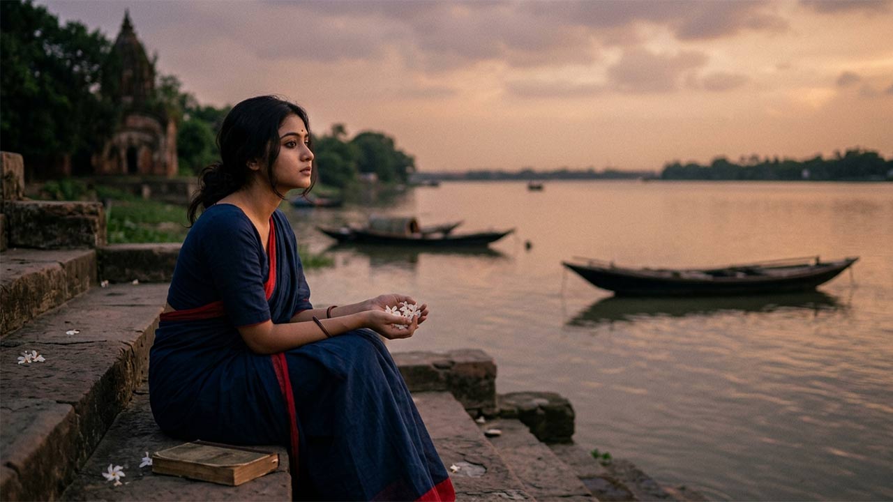 নদীর ঘাটে বিষণ্ণ মনে বসে থাকা এক তরুণী, হাতে সাদা ফুল এবং পাশে একটি পুরনো বই, যা সলিল চৌধুরীর ‘যদি কিছু আমারে শুধাও’ গানের বিরহ ও নীরবতাকে ফুটিয়ে তুলছে।