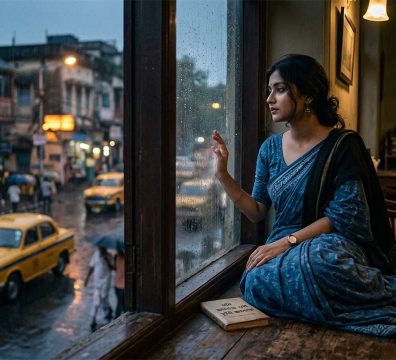 পুরানো কোলকাতার একটি বাড়ির জানালায় বিষণ্ণ মনে বসে থাকা এক নারী, বাইরে বৃষ্টিভেজা রাস্তা এবং হলুদ ট্যাক্সি, যা সলিল চৌধুরীর ‘যদি জানতে গো তুমি জানতে’ গানের বিরহী আবহের প্রতিফলন।