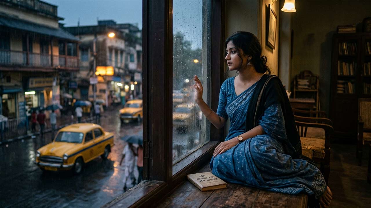 পুরানো কোলকাতার একটি বাড়ির জানালায় বিষণ্ণ মনে বসে থাকা এক নারী, বাইরে বৃষ্টিভেজা রাস্তা এবং হলুদ ট্যাক্সি, যা সলিল চৌধুরীর ‘যদি জানতে গো তুমি জানতে’ গানের বিরহী আবহের প্রতিফলন।