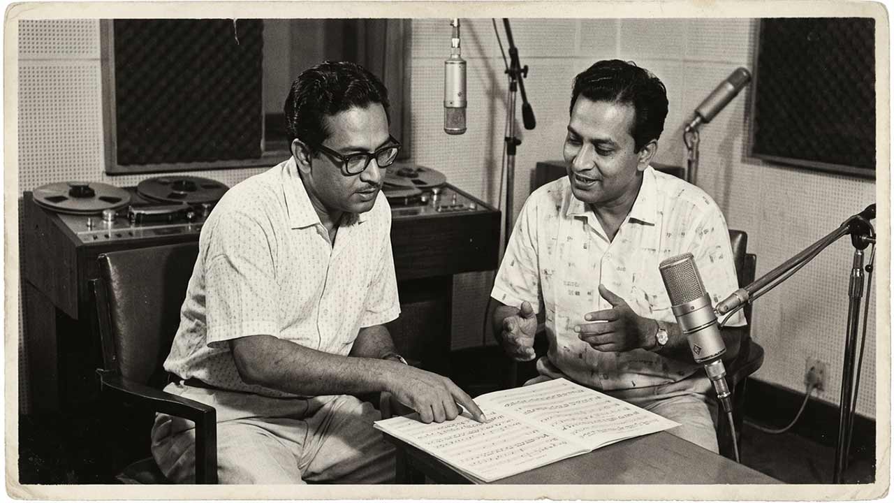 ১৯৫০-এর দশকের স্টুডিওতে সলিল চৌধুরী ও হেমন্ত মুখোপাধ্যায়ের সংগীত চর্চার একটি সাদা-কালো ক্লাসিক ছবি।