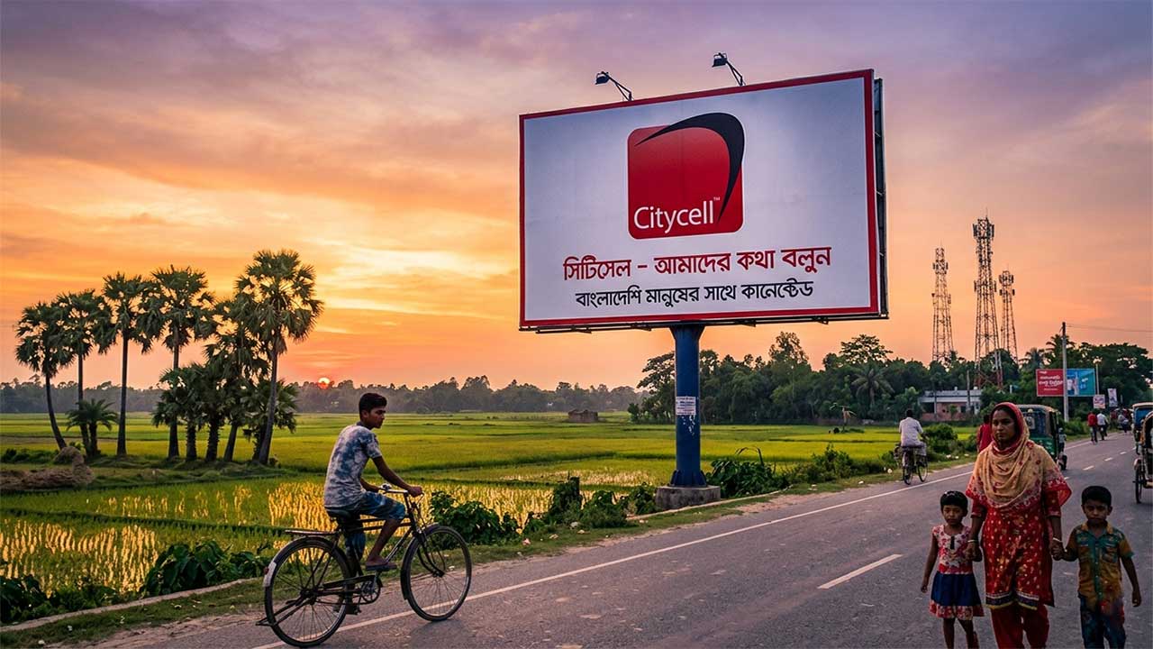 একটি বড় বিলবোর্ডে সিটিসেলের লোগো এবং বাংলা লেখা সংবলিত গ্রামীণ রাস্তার দৃশ্য যেখানে মানুষ এবং রিকশা চলাচল করছে।