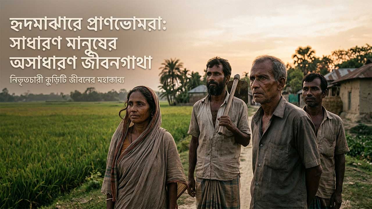 বাংলাদেশের গ্রামীণ প্রেক্ষাপটে একদল সাধারণ শ্রমজীবী ও কৃষক মানুষের প্রতিকৃতি, যা অনুপ সাদির 'হৃদমাঝারে প্রাণভোমরা' বইয়ের সাধারণ মানুষের জীবনগাথা নির্দেশ করে।