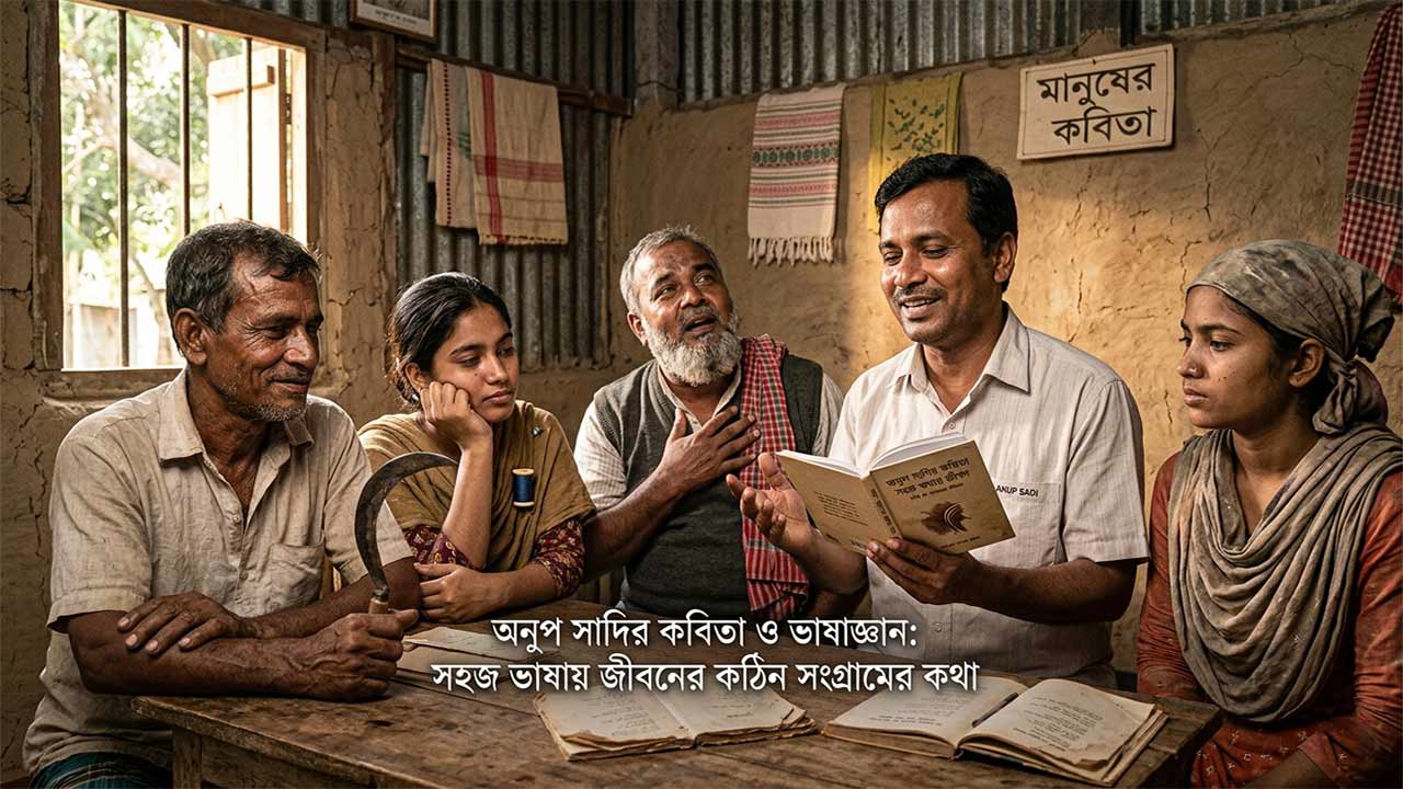 অনুপ সাদির কবিতা ও ভাষাজ্ঞান সম্পর্কিত একটি ইলাস্ট্রেশন যেখানে একজন সাধারণ মানুষ বই হাতে গ্রামীণ পরিবেশের মেহনতি মানুষের সামনে সহজ ভাষায় কবিতা পাঠ করছেন