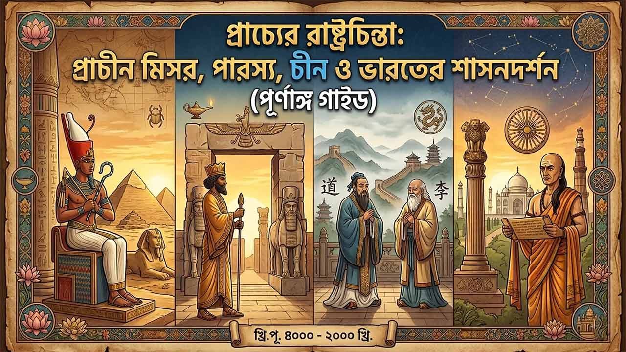 প্রাচ্যের রাষ্ট্রচিন্তা গাইডের ফিচারড ইমেজ যেখানে প্রাচীন মিসর, পারস্য, চীন ও ভারতের শাসনদর্শনের ঐতিহাসিক প্রতীক এবং খ্রিস্টপূর্ব ৪০০০ থেকে ২০০০ খ্রিস্টাব্দ সময়কাল উল্লেখ আছে