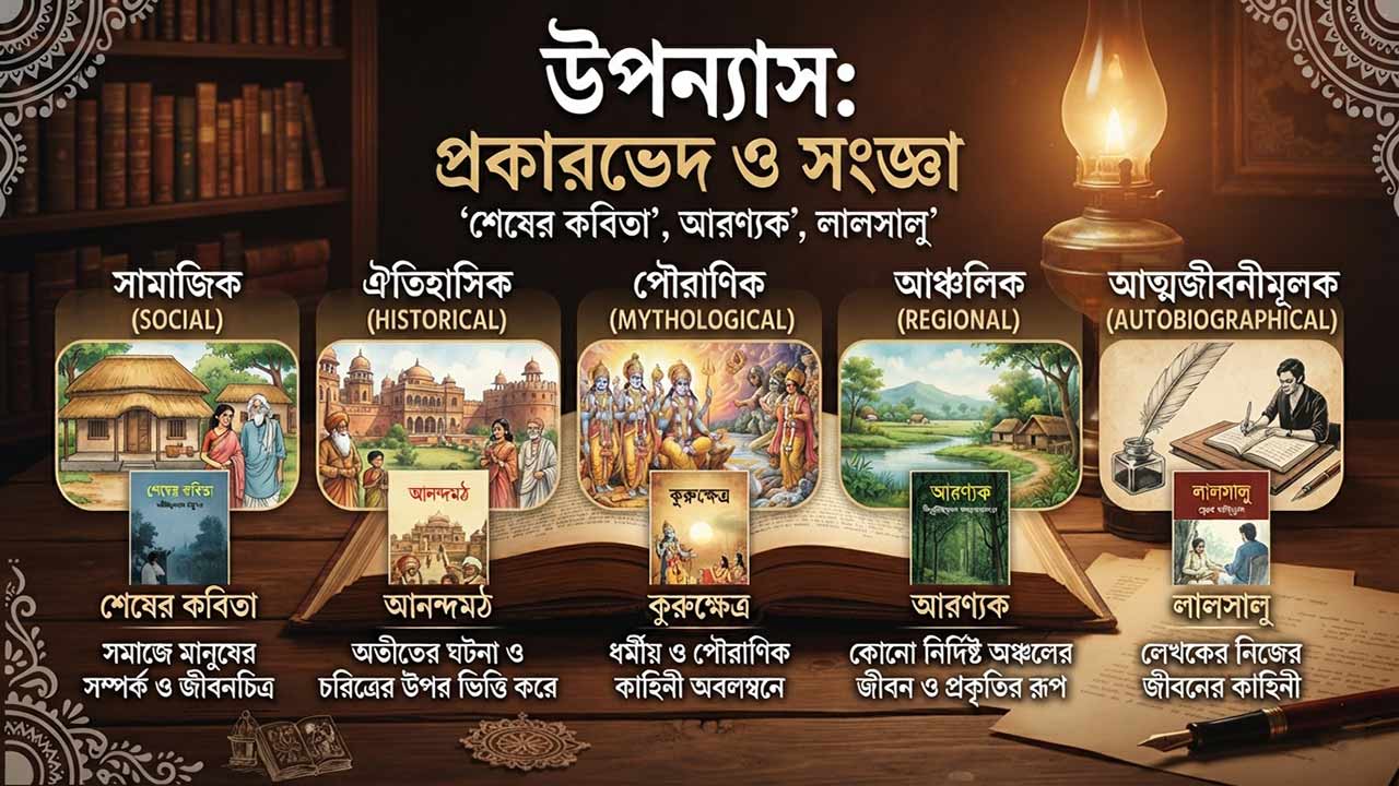 উপন্যাসের প্রকারভেদ ও সংজ্ঞা নিয়ে তৈরি একটি ইনফোগ্রাফিক ফিচারড ইমেজ, যেখানে সামাজিক, ঐতিহাসিক, পৌরাণিক, আঞ্চলিক ও আত্মজীবনীমূলক উপন্যাসের বিবরণ এবং শেষের কবিতা, আরণ্যক ও লালসালু বইয়ের প্রচ্ছদ দেখানো হয়েছে।