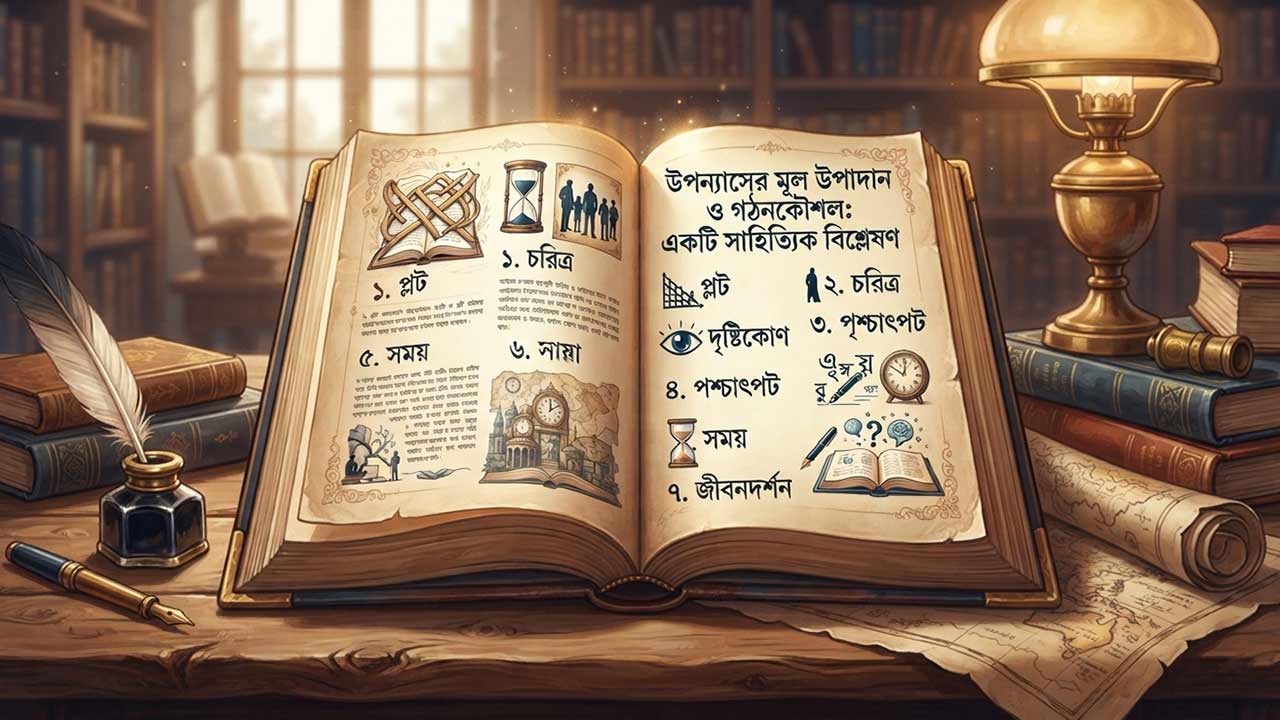 একটি খোলে রাখা প্রাচীন বইয়ের ওপর উপন্যাসের ৭টি প্রধান উপাদান—প্লট, চরিত্র, দৃষ্টিকোণ, পশ্চাৎপট, সময়, ভাষা ও জীবনদর্শন চিত্রিত করা হয়েছে এবং পাশে একটি কালির দোয়াত, কলম ও ভিন্টেজ বাতি রাখা আছে।