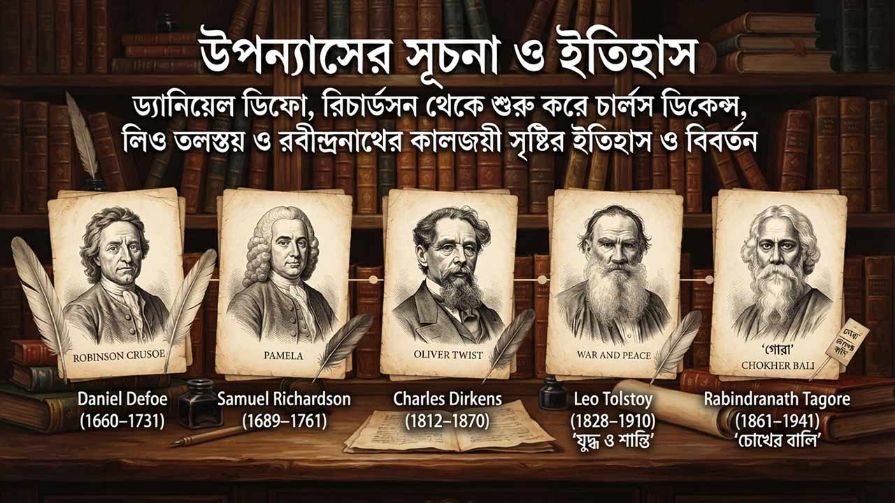 একটি ভিন্টেজ লাইব্রেরির ব্যাকগ্রাউন্ডে ড্যানিয়েল ডিফো, স্যামুয়েল রিচার্ডসন, চার্লস ডিকেন্স, লিও তলস্তয় এবং রবীন্দ্রনাথ ঠাকুরের প্রতিকৃতিসহ উপন্যাসের সূচনা ও ইতিহাসের ফিচারড ইমেজ।