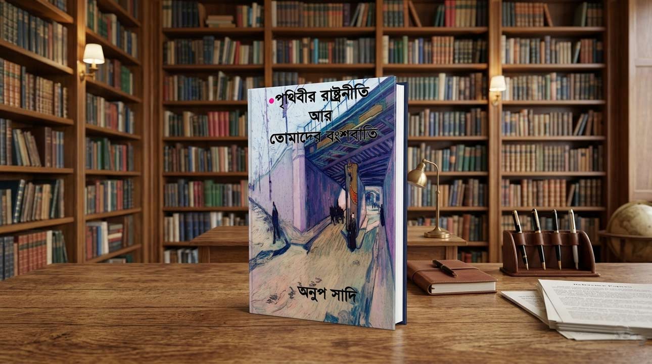 একটি লাইব্রেরির কাঠের টেবিলের ওপর কিছুটা হেলানো অবস্থায় রাখা অনুপ সাদির 'পৃথিবীর রাষ্ট্রনীতি আর তোমাদের বংশবাতি' কবিতার বইটির একটি ত্রিমাত্রিক (3D) প্রচ্ছদ চিত্র, যার ব্যাকগ্রাউন্ডে বইয়ে ভরা অনেকগুলো তাক দেখা যাচ্ছে।