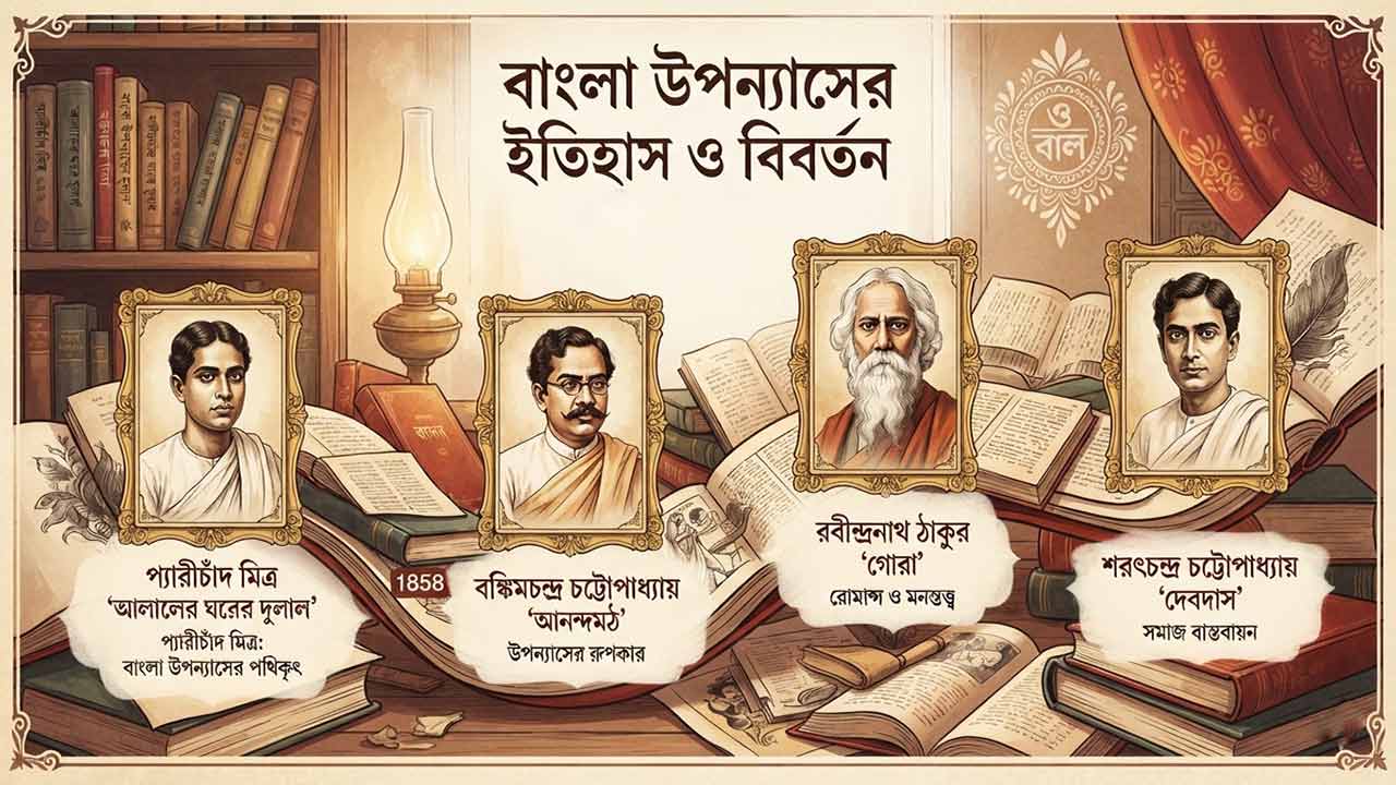 বাংলা উপন্যাসের ইতিহাস ও বিবর্তনের ফিচারড ইমেজ যেখানে প্যারীচাঁদ মিত্র, বঙ্কিমচন্দ্র চট্টোপাধ্যায়, রবীন্দ্রনাথ ঠাকুর এবং শরৎচন্দ্র চট্টোপাধ্যায়ের প্রতিকৃতি ও তাদের বিখ্যাত উপন্যাসের নাম বইয়ের ব্যাকগ্রাউন্ডে সাজানো রয়েছে।