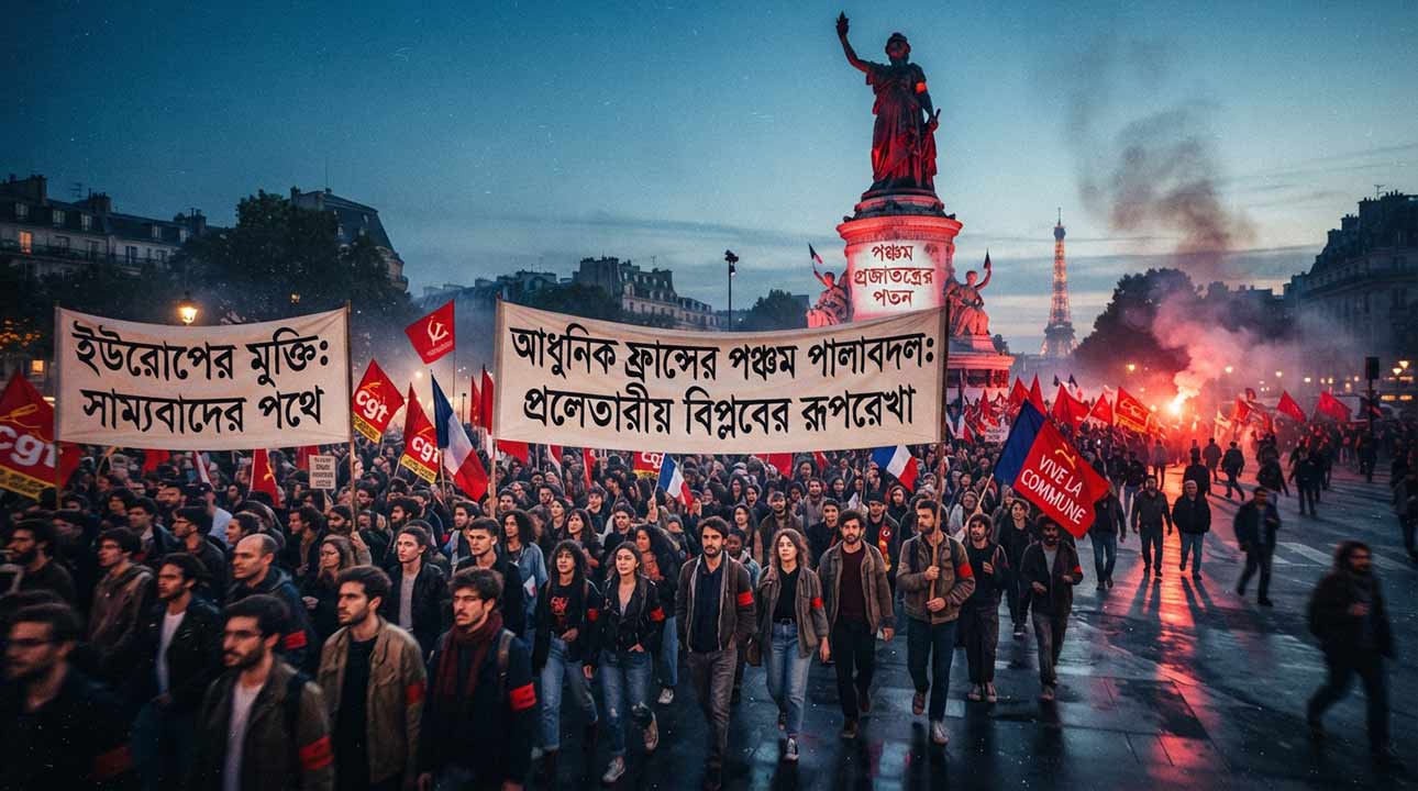 আধুনিক ফ্রান্সের পঞ্চম পালাবদল ও ইউরোপের প্রলেতারীয় বিপ্লবী আন্দোলনের একটি প্রতীকী দৃশ্য যেখানে প্যারিসের রাজপথে বামপন্থী বিক্ষোভকারীরা ব্যানার ও লাল পতাকা নিয়ে মিছিল করছে।