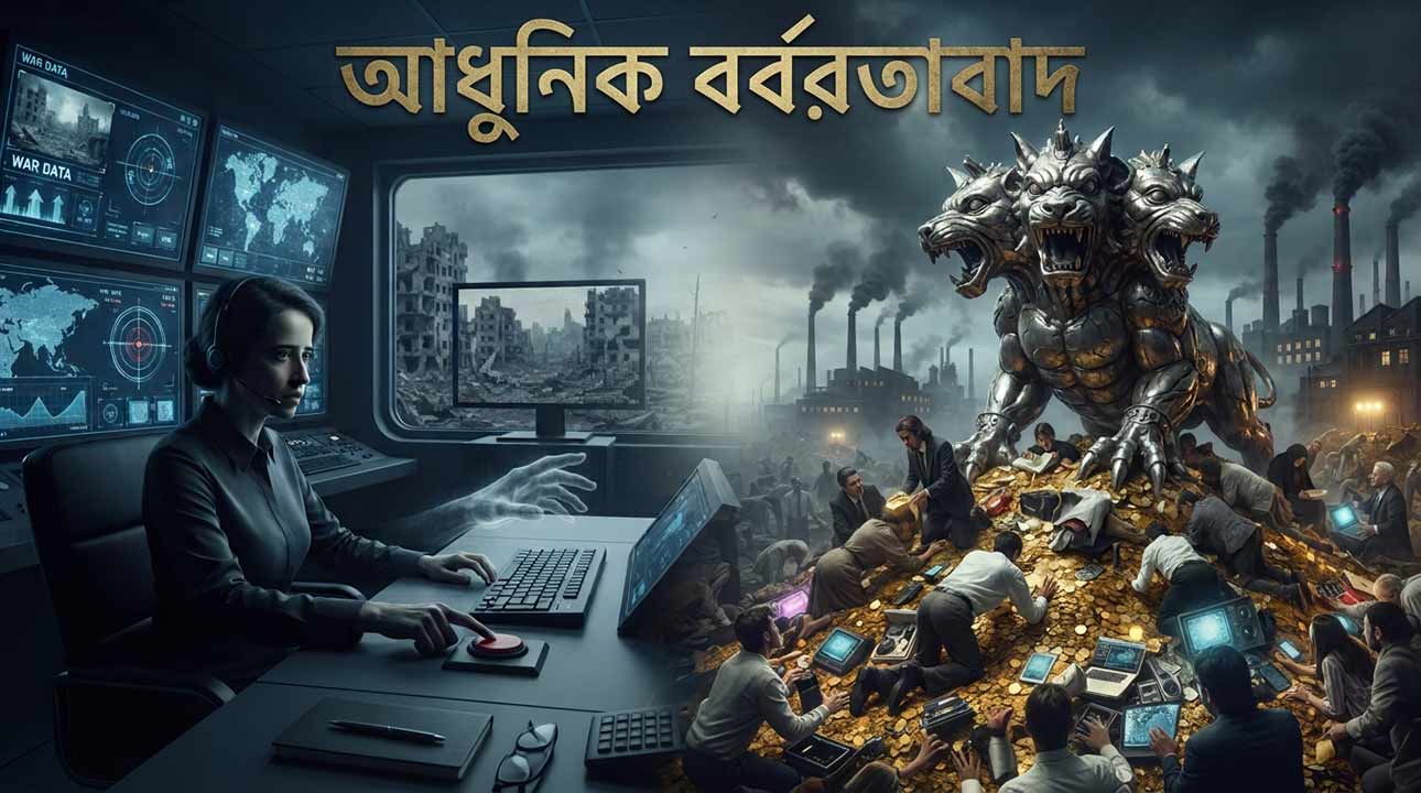 আধুনিক বর্বরতাবাদ ধারণার একটি ডিজিটাল ইলাস্ট্রেশন যেখানে একদিকে স্ক্রিনের আড়ালে থেকে দূর নিয়ন্ত্রিত আমলাতান্ত্রিক যুদ্ধ এবং অন্যদিকে টাকা ও প্রযুক্তির মোহে অন্ধ মানুষের বস্তুবাদী সমাজ ফুটিয়ে তোলা হয়েছে।