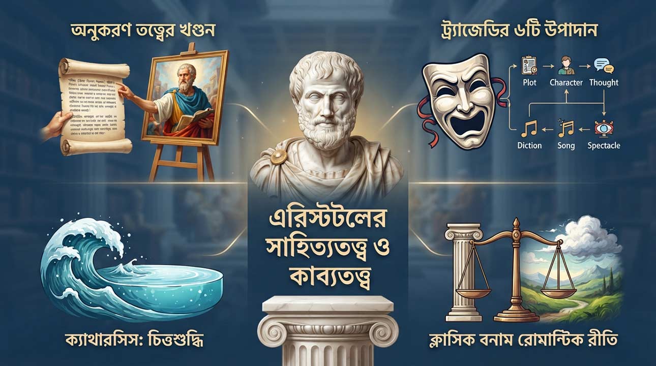 এরিস্টটলের সাহিত্যতত্ত্ব ও কাব্যতত্ত্ব বিষয়ক পোস্টের ফিচারড ইমেজ যেখানে অনুকরণ তত্ত্ব, ট্র্যাজেডির উপাদান, ক্যাথারসিস এবং ক্লাসিক বনাম রোমান্টিক রীতির প্রতীকী গ্রাফিক্স দেখানো হয়েছে।