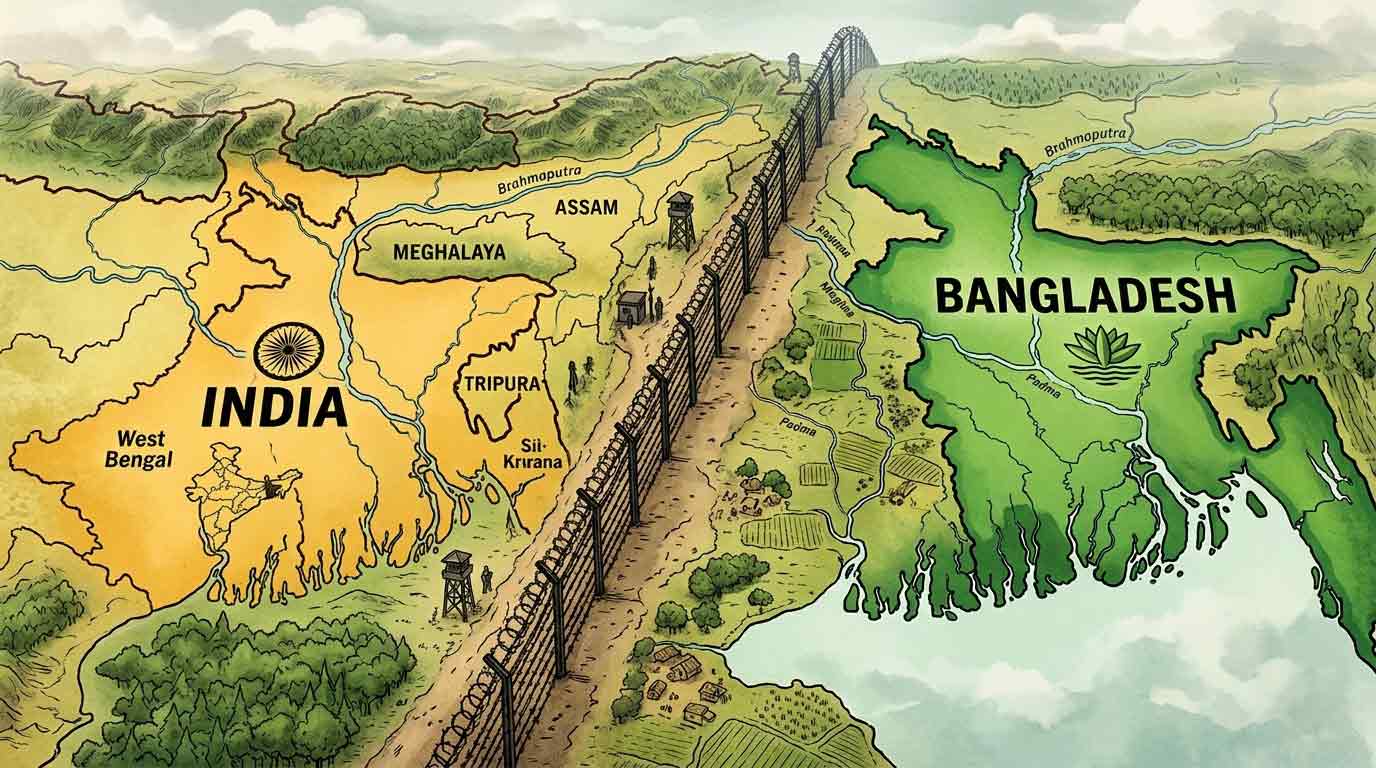 বাংলাদেশ ও ভারতের রাজনৈতিক মানচিত্রের মাঝে কাঁটাতারের বেড়ার প্রতীকী ডিজিটাল ইলাস্ট্রেশন