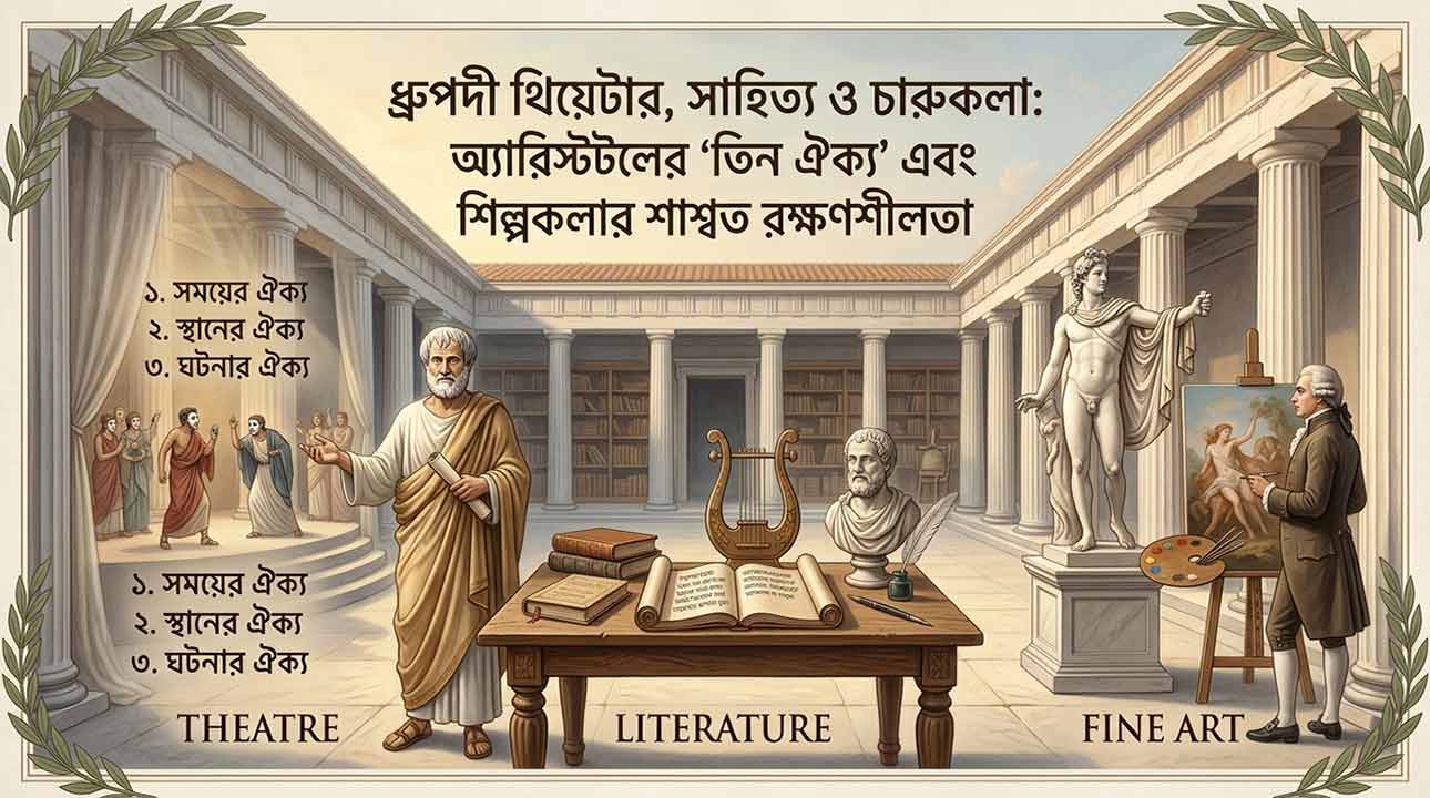ধ্রুপদী থিয়েটার, সাহিত্য ও চারুকলা বিষয়ক প্রবন্ধের ফিচারড ইমেজ যেখানে অ্যারিস্টটলের ভাস্কর্য, থিয়েটার মাস্ক এবং প্রাচীন গ্রিক ও রোমান চিরায়ত শিল্পকলার ডিজাইন দেখানো হয়েছে।