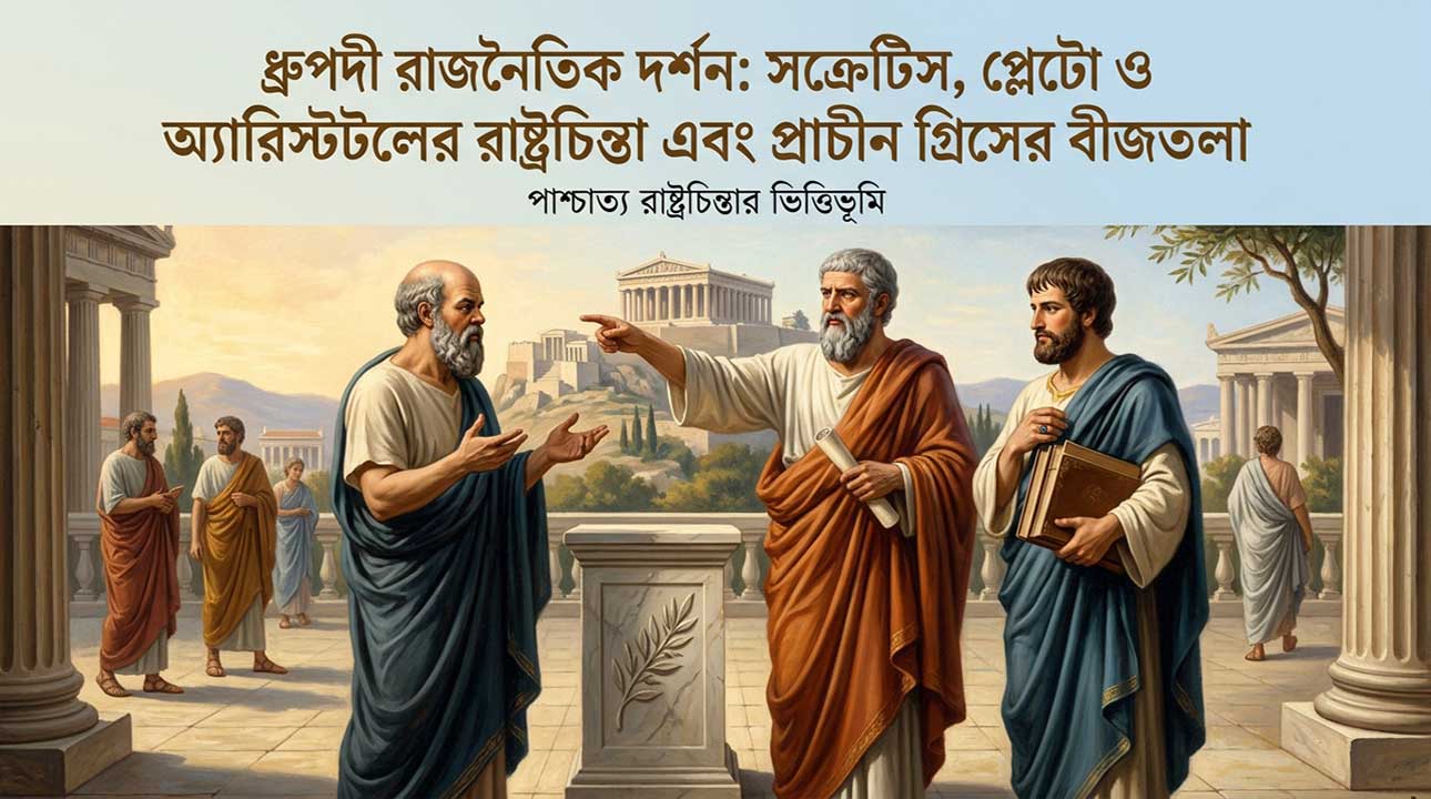 ধ্রুপদী রাজনৈতিক দর্শন ও প্রাচীন গ্রিসের রাষ্ট্রচিন্তা বিষয়ক প্রবন্ধের ফিচারড ইমেজ যেখানে সক্রেটিস ও প্লেটোর মার্বেল ভাস্কর্য, ন্যায়দণ্ড এবং প্রাচীন গ্রিক একাডেমির গ্রাফিক্স দেখানো হয়েছে।