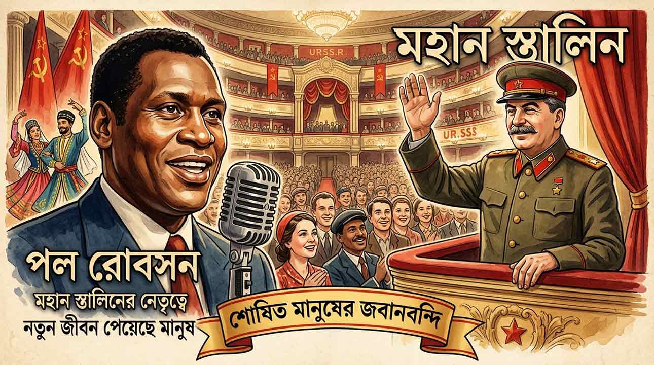 পল রোবসনের ঐতিহাসিক নিবন্ধ ও জোসেফ স্তালিনের সমাজতান্ত্রিক নেতৃত্ব বিষয়ক আর্টিকেলের জন্য তৈরি ফিচারড ইমেজ, যেখানে পল রোবসন এবং বলশয় থিয়েটারের আবহ ফুটিয়ে তোলা হয়েছে।